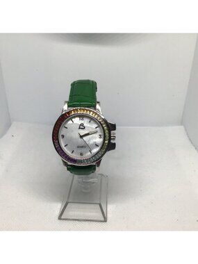 HSN Colleen Lopez Multi-Gemstone Of Pearl Green Leather Strap Watch